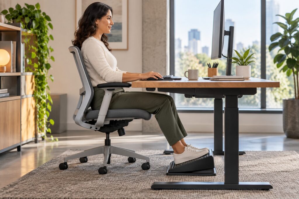 Office worker seated with both feet supported on an under-desk footrest