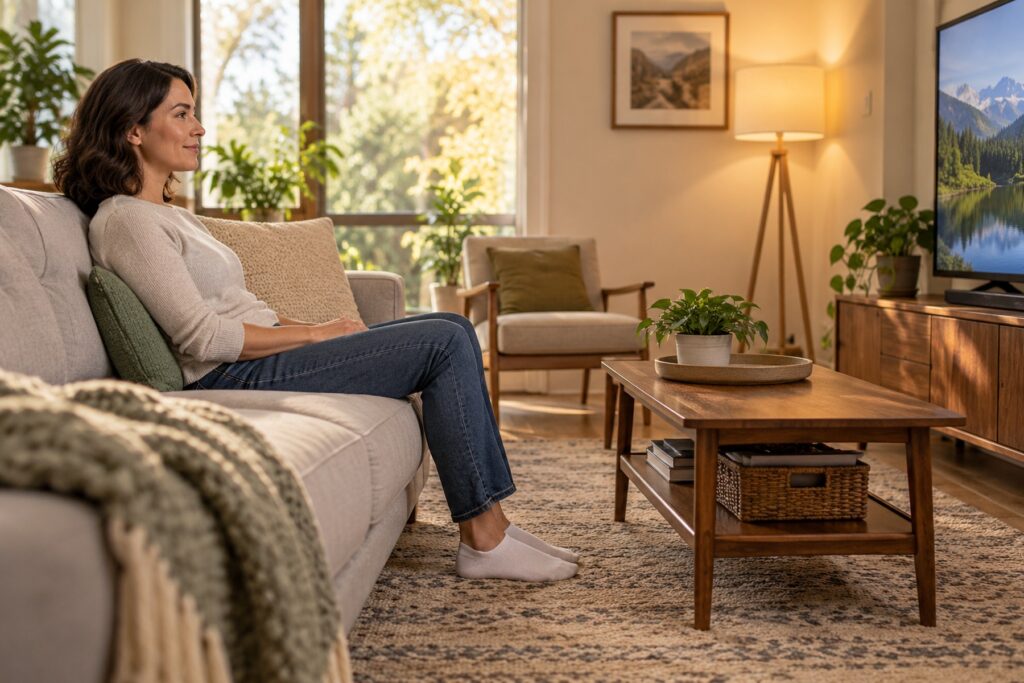 couch posture Adult sitting on a couch with feet supported and a small lumbar cushion