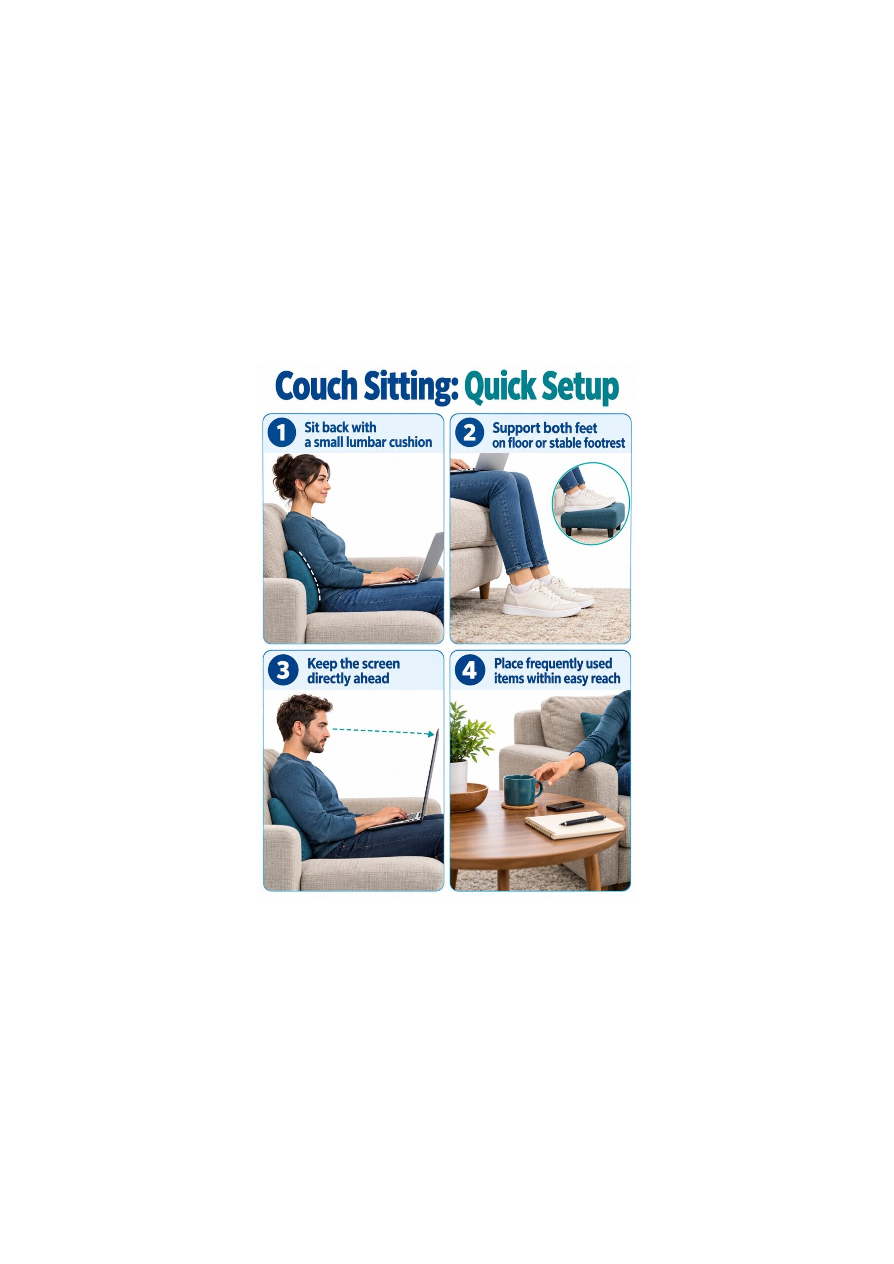 couch posture Four-panel guide to back support, foot support, screen position, and easy reach while sitting on a couch