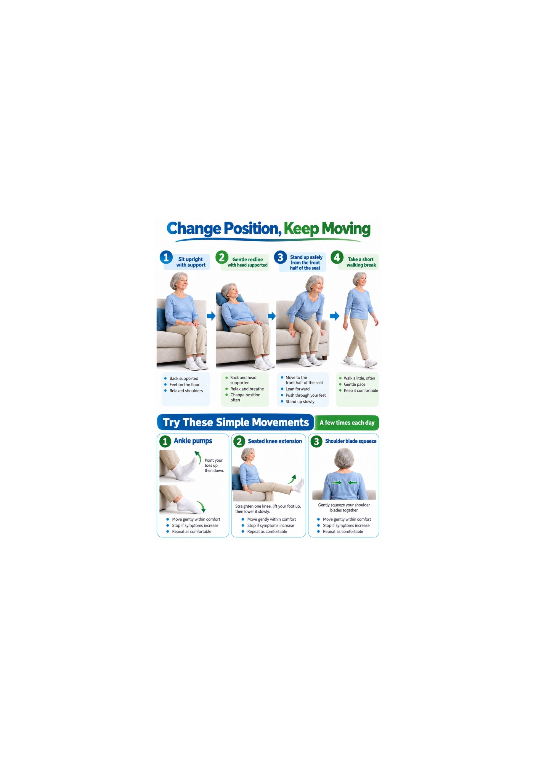couch posture Supported couch positions, safe standing sequence, walking break, and gentle seated movements