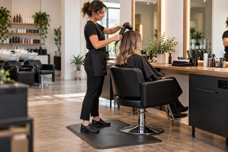 Hairdresser wearing stable work footwear while standing on a beveled anti-fatigue mat