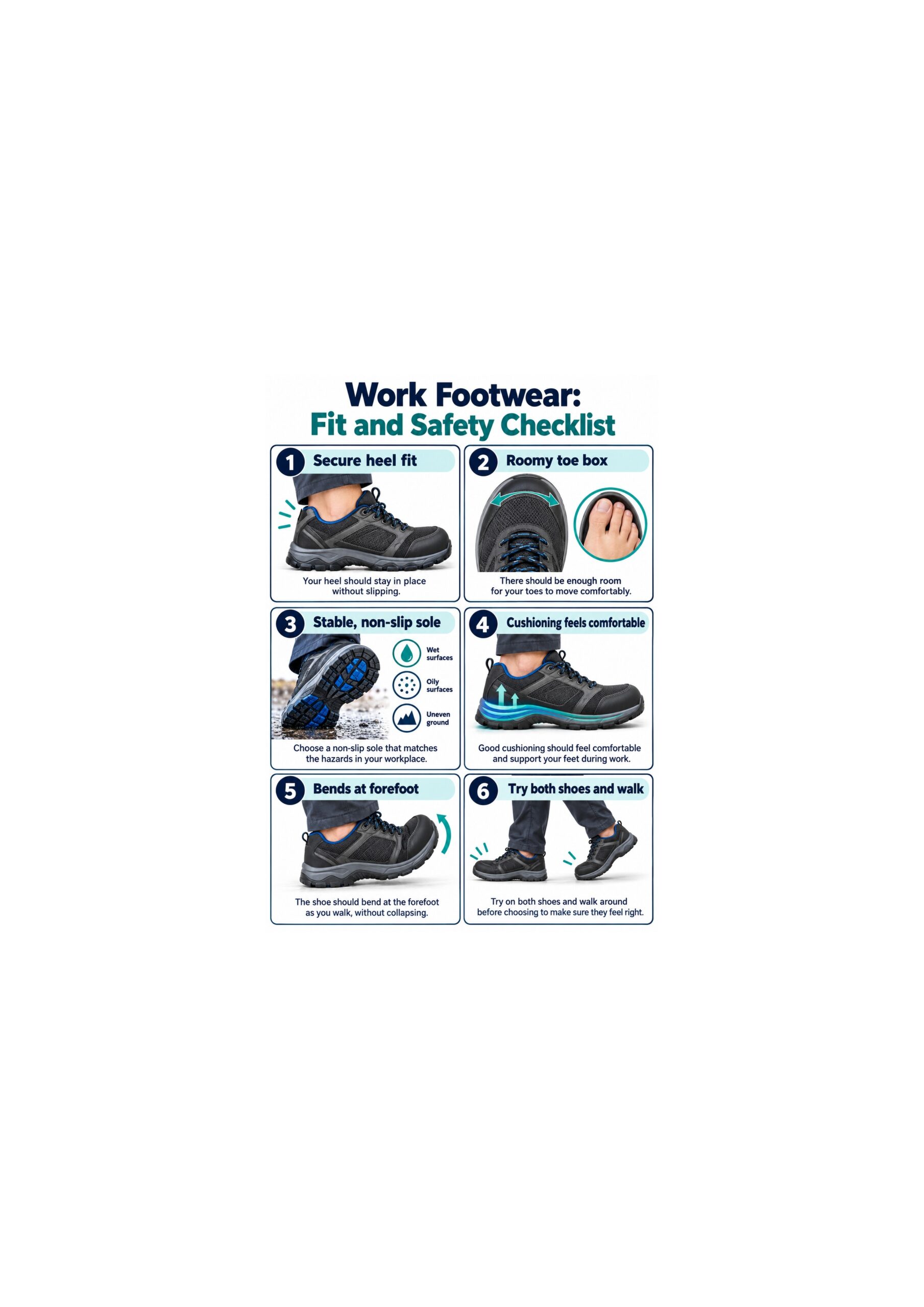 Six-panel checklist for heel fit, toe room, traction, cushioning, forefoot flex, and walking comfort
