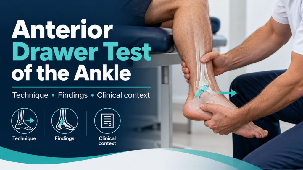 Clinician stabilizes the lower leg and supports the heel for an ankle anterior drawer examination.