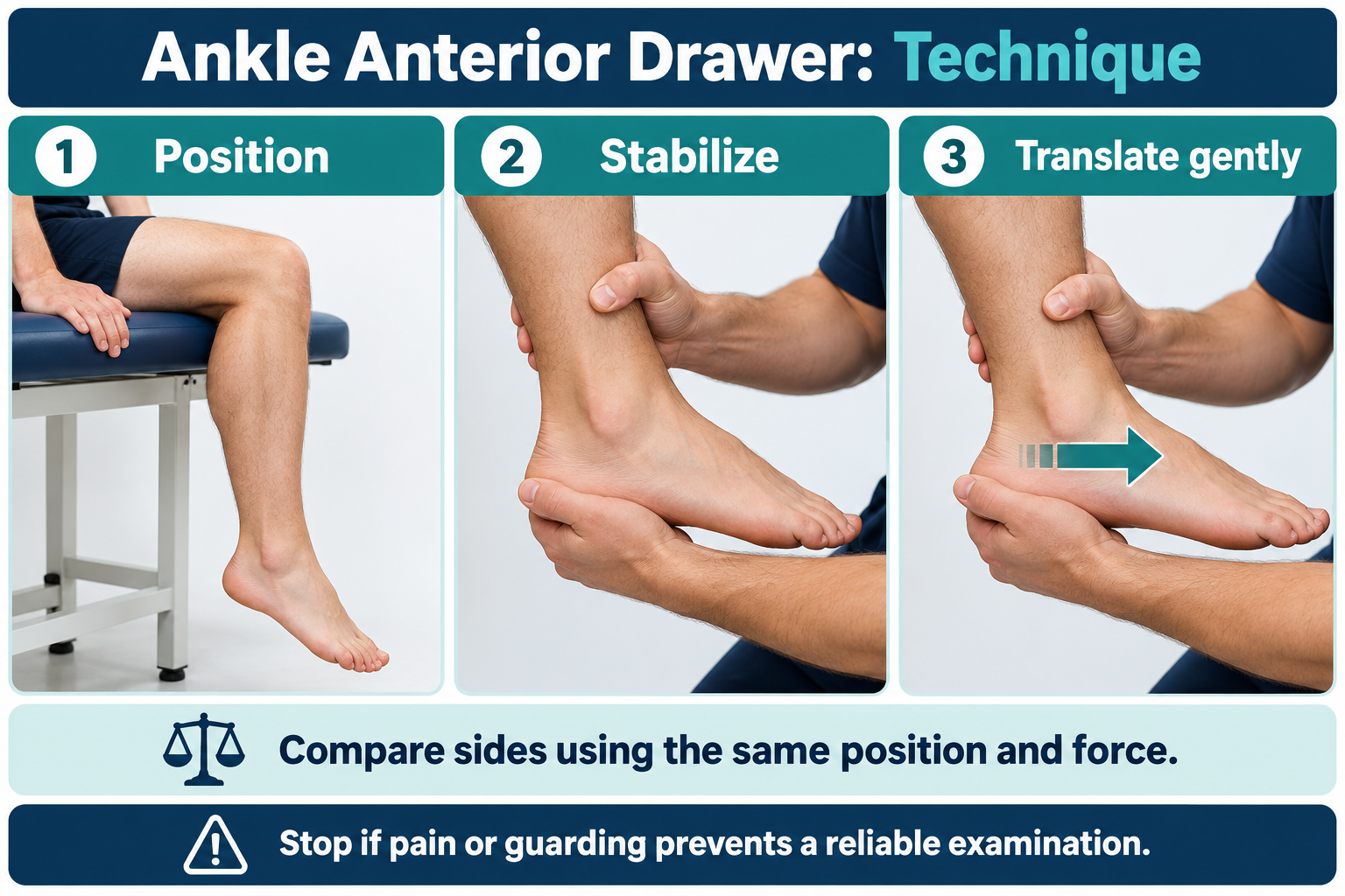 Seated ankle anterior drawer technique with tibial stabilization and gentle anterior heel translation.