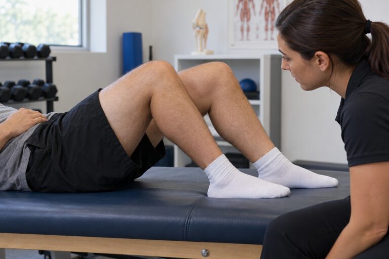 Clinician observing knee alignment during the Posterior Sag Sign