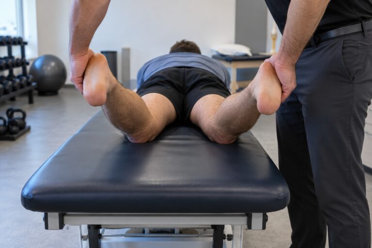 Clinician performing the Dial Test with the patient prone and both knees flexed
