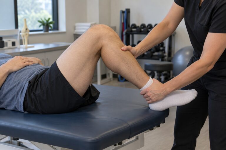 Clinician positioning the knee and tibia for the Slocum rotational drawer test