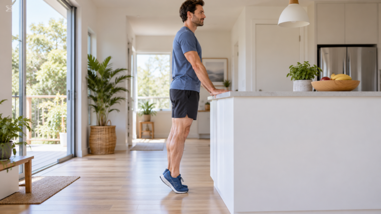 Adult performing a controlled supported double-leg heel raise on level ground at a stable counter.