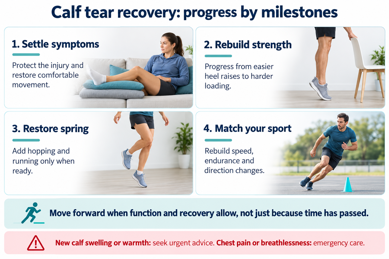 Calf rehabilitation milestones: settle symptoms, rebuild strength, restore hopping and running, then match sport demands, with blood clot warning signs.