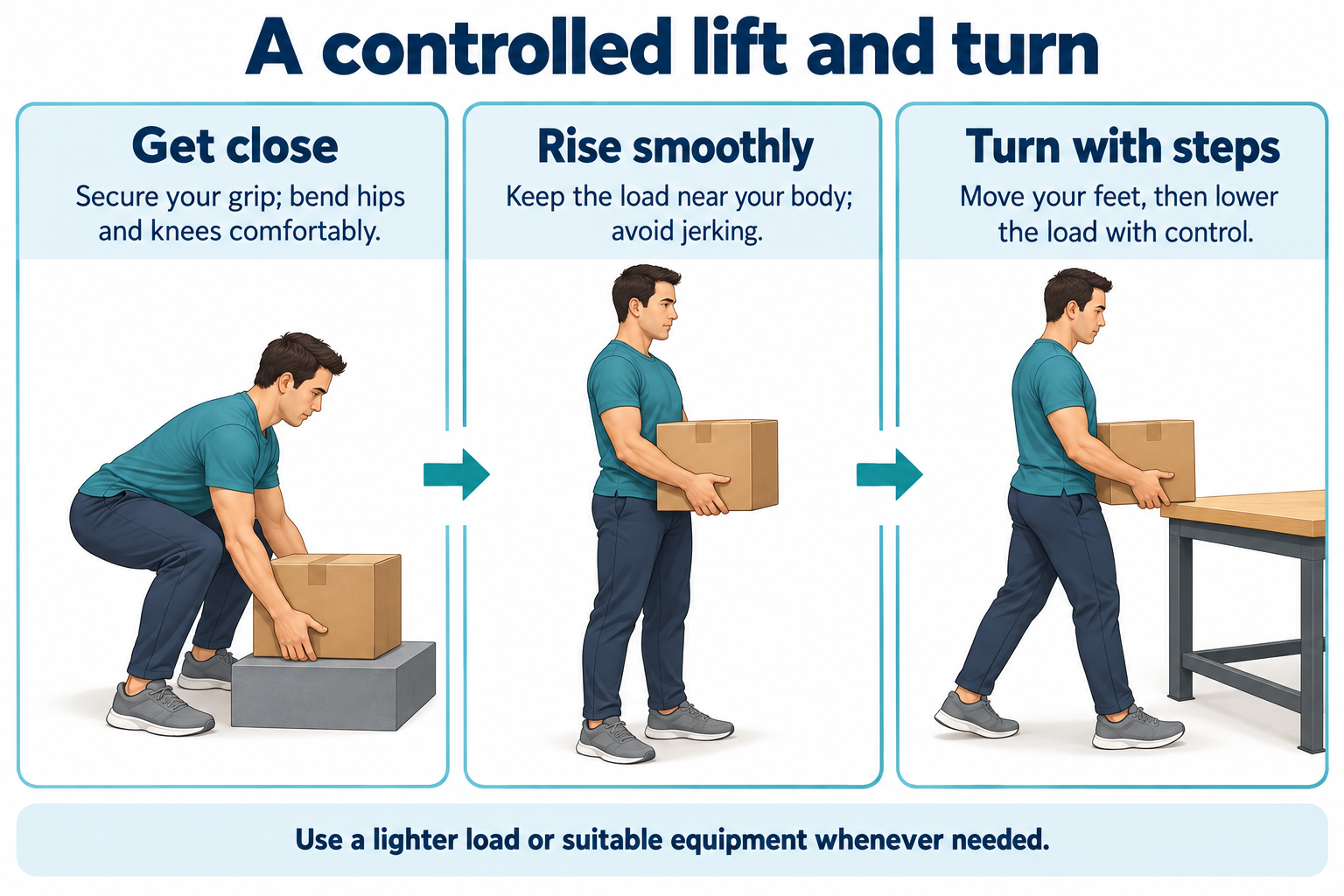 Three lifting stages: get close with a secure grip, rise smoothly with the load near the body, and turn by moving the feet.