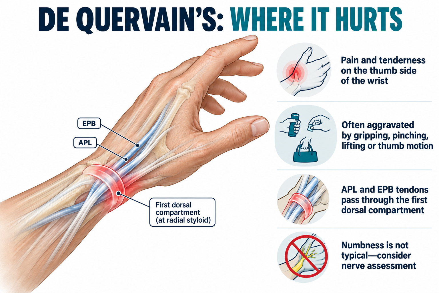 De Quervain's pain location on the thumb side of the wrist with the APL and EPB tendons highlighted