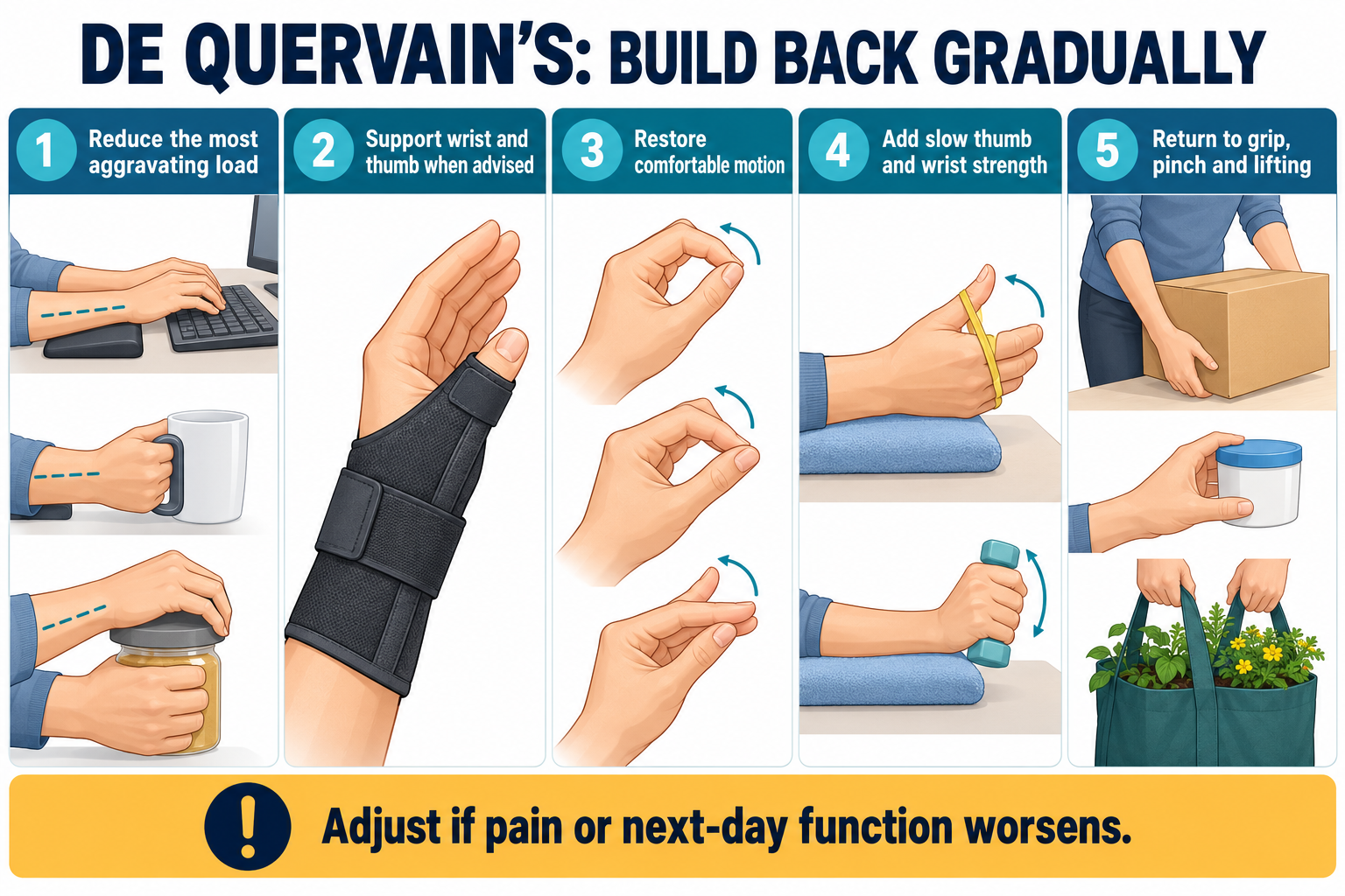 Five-step De Quervain's rehabilitation progression from load modification to grip and lifting tasks