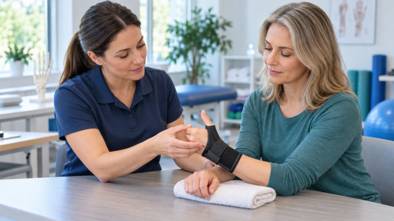 Hand therapist guiding gentle thumb movement with the wrist supported in a thumb-spica splint