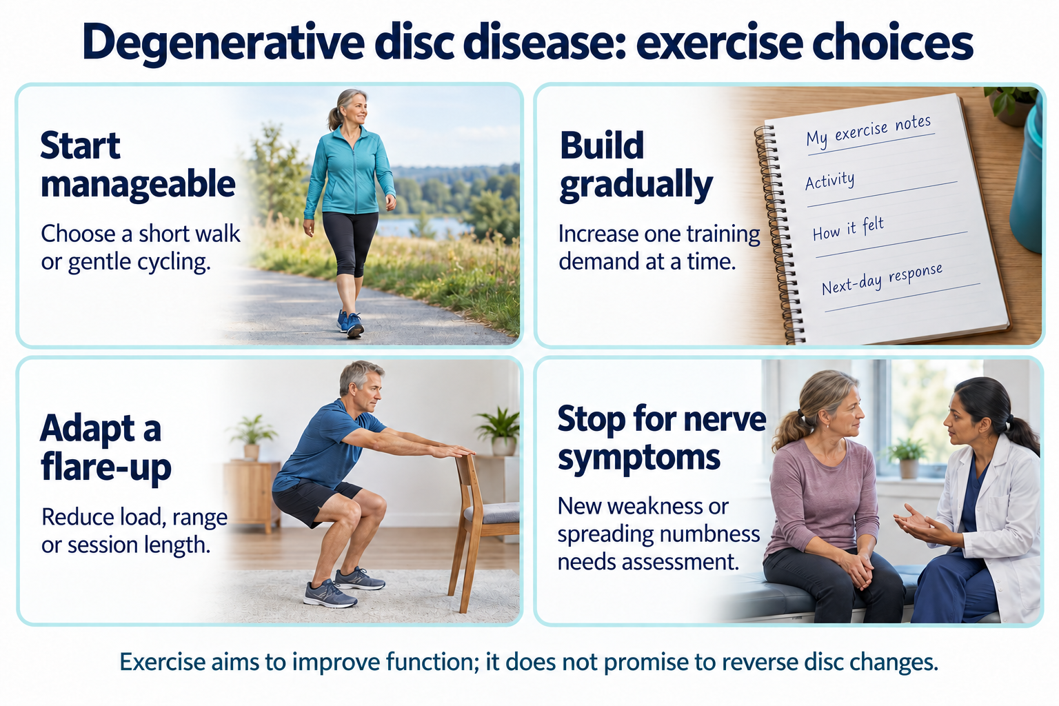 Exercise guidance: start manageable, build gradually, adapt flare-ups and stop for new nerve symptoms.