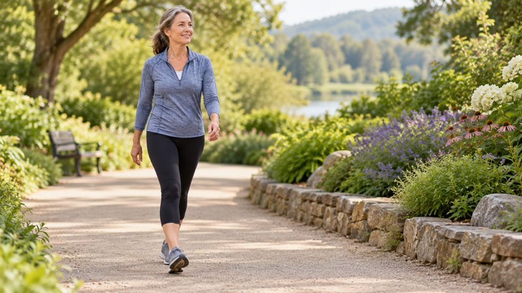 Middle-aged woman taking a comfortable walk on a level garden path.