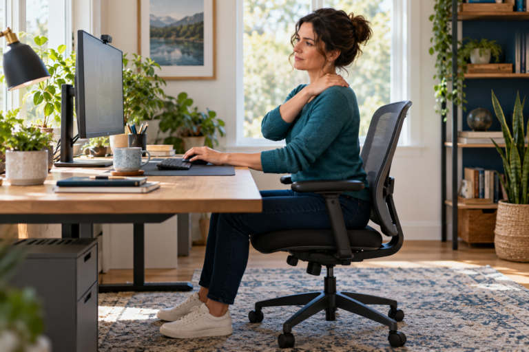 Desk worker pauses typing with a hand resting on her shoulder beside a computer workstation.