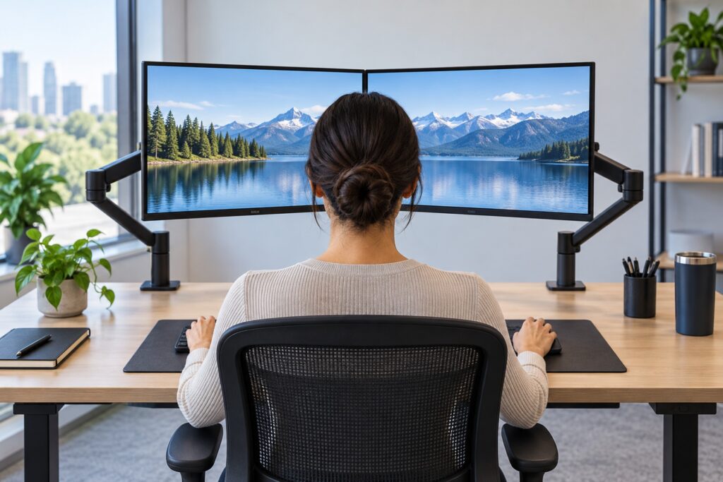 Office worker facing two closely positioned monitors arranged in a shallow centered arc