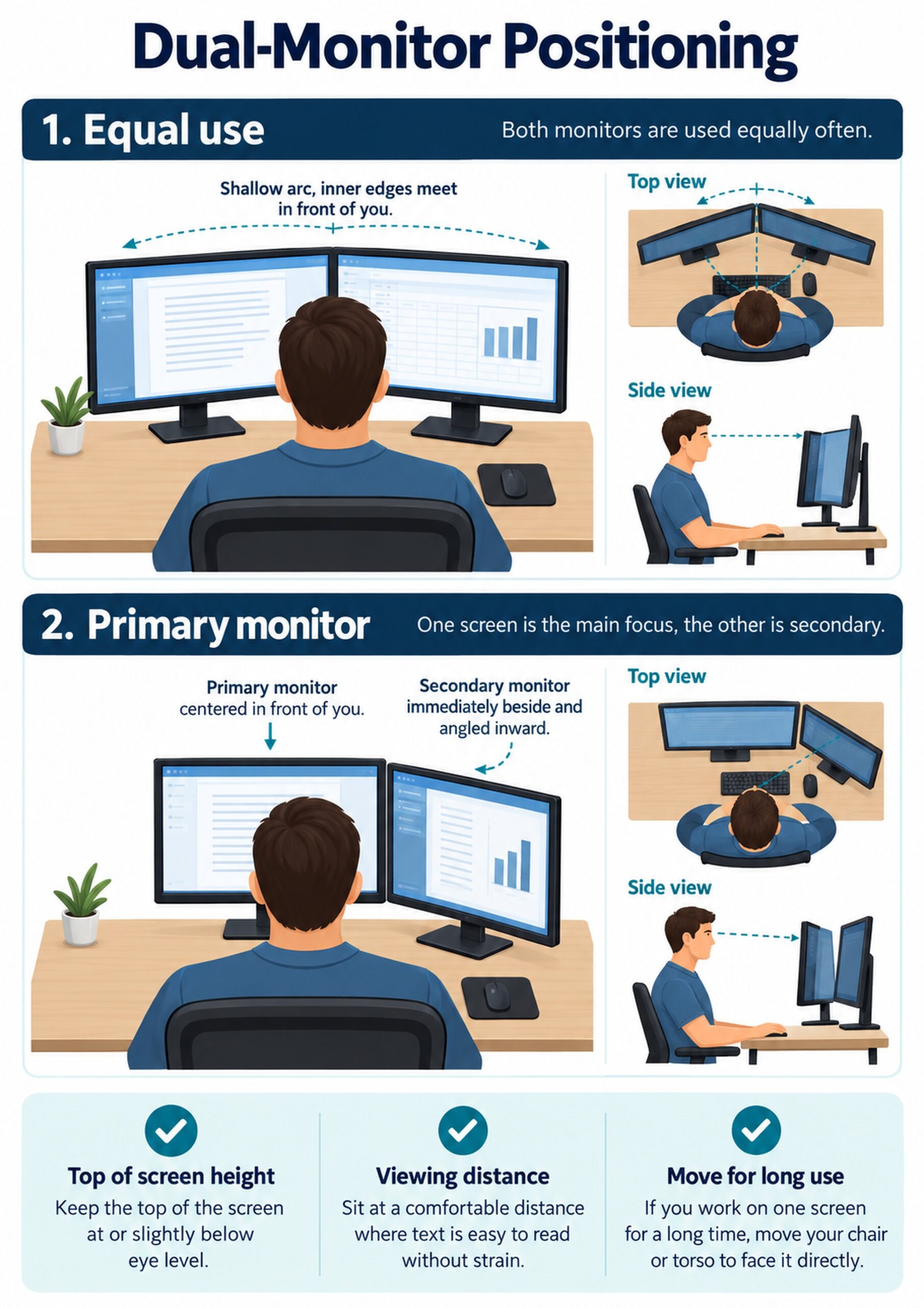 A4 infographic comparing equal-use and primary-monitor dual-screen layouts
