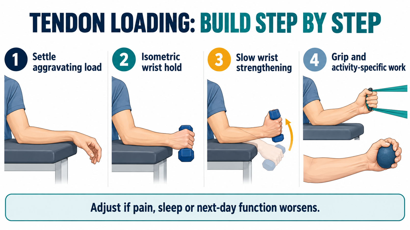 Four-step elbow tendon loading progression from load adjustment to activity-specific strengthening