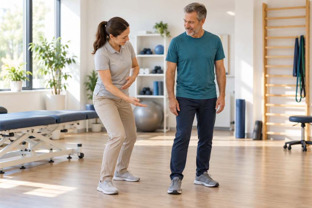 facet joint pain in the lower back A clinician explains gentle movement to an adult standing comfortably in a physiotherapy room.