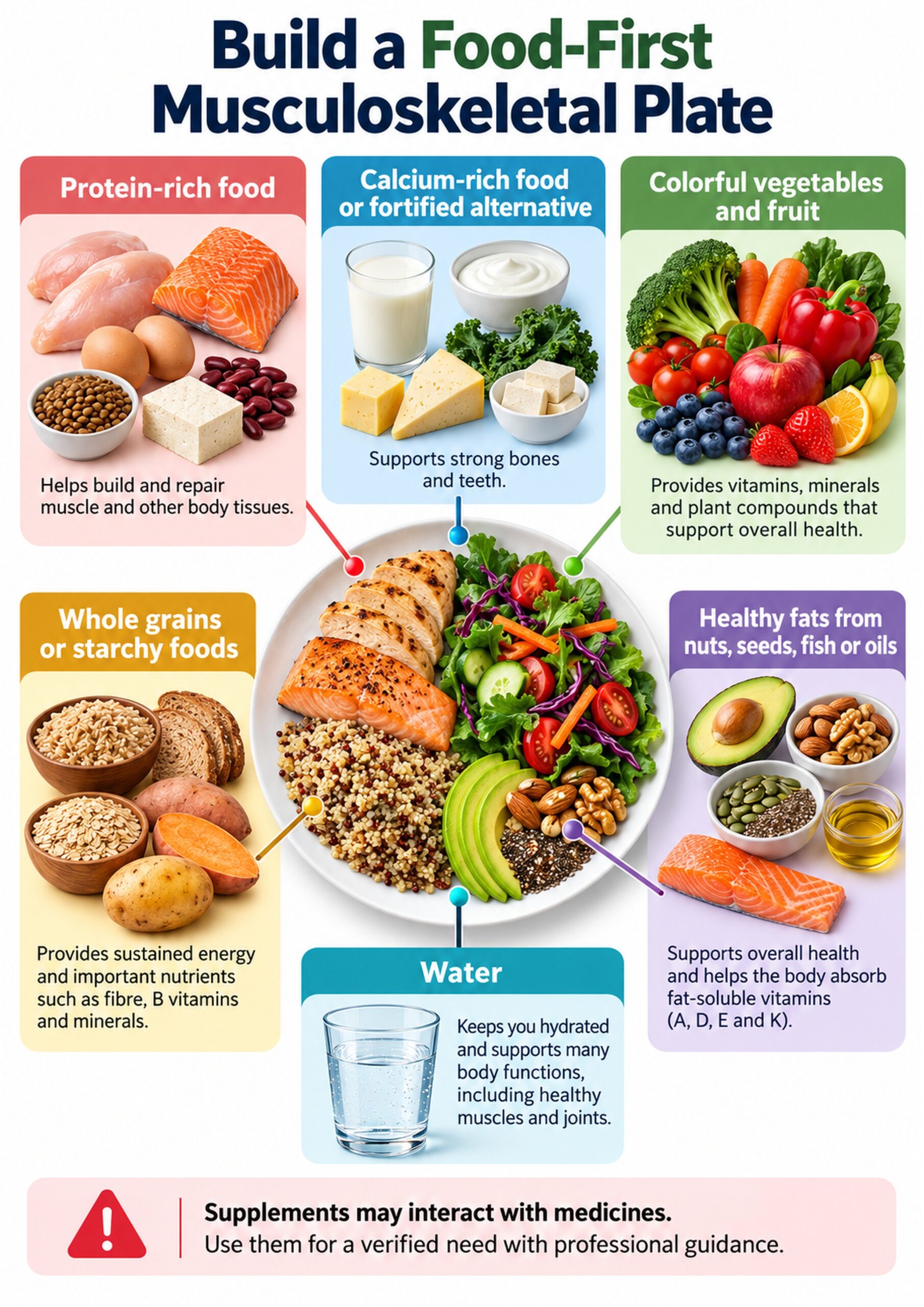 A4 infographic showing a food-first plate pattern for bone, joint, and muscle health