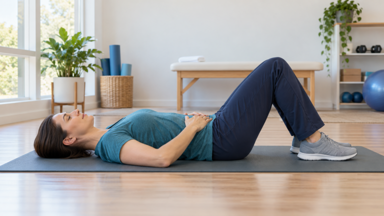 Adult lying on a mat with knees bent and feet flat, practicing gentle abdominal activation.