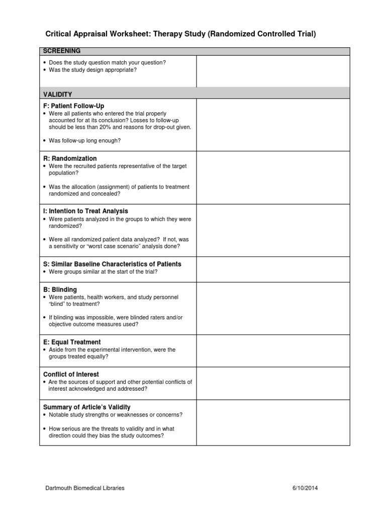 Physical Therapy Research Critical Appraisal for RCT Therapy Study