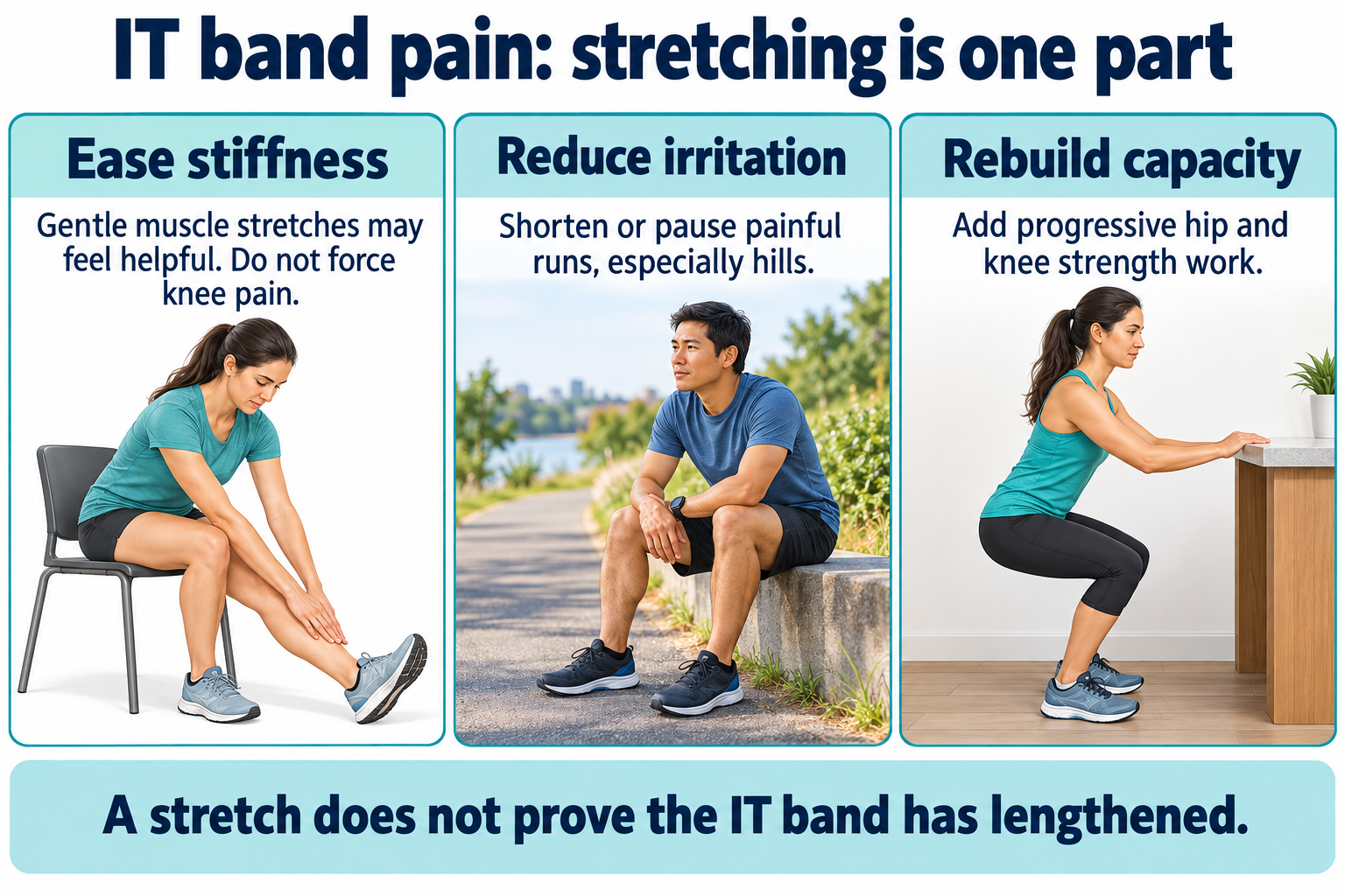 IT band syndrome in runners IT band care combines gentle muscle stretching, reducing painful running and progressive hip and knee strengthening.