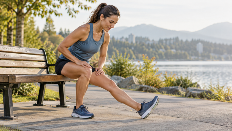 Runner seated on a bench with one heel forward, gently leaning from the hips into a hamstring stretch.