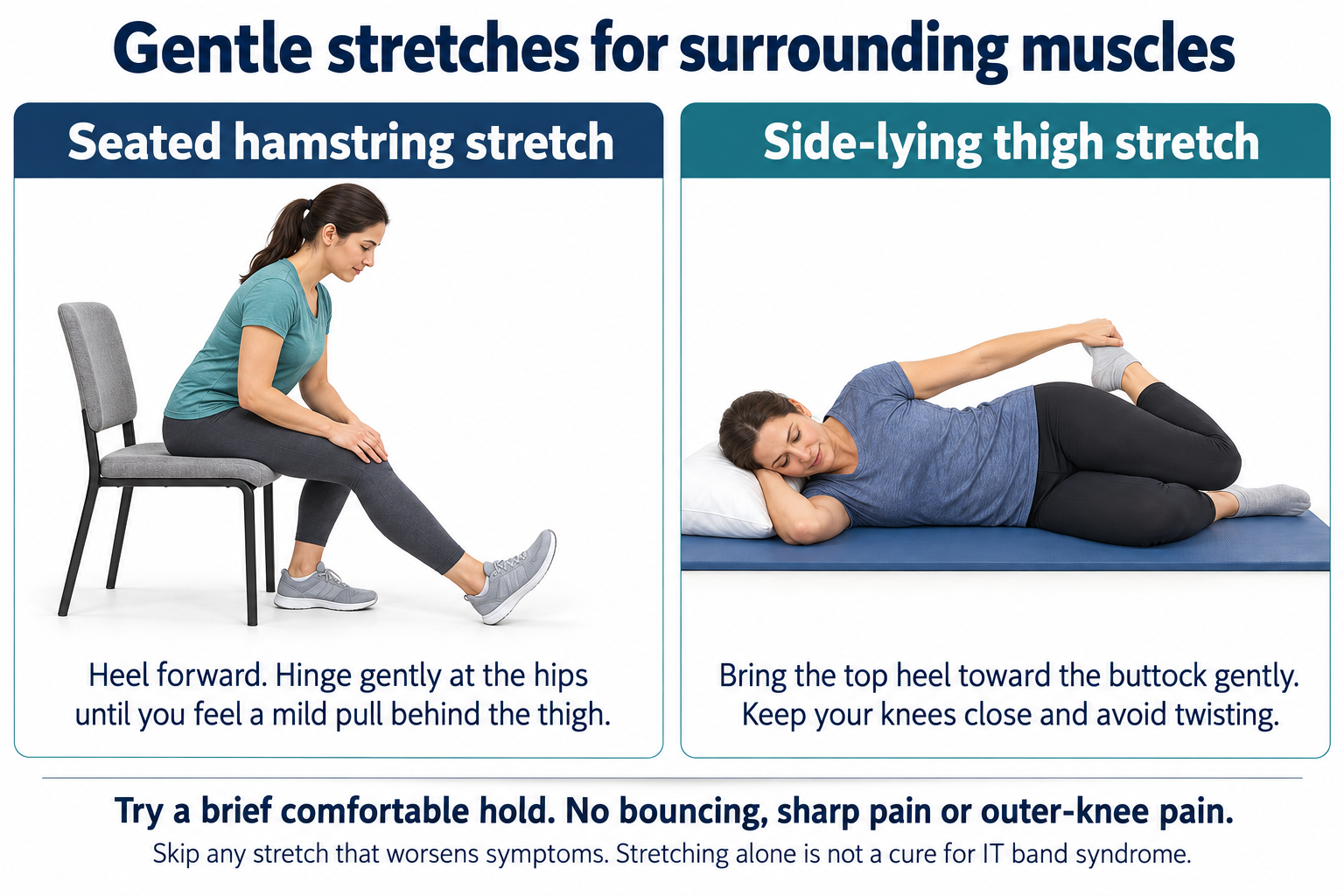 IT band syndrome in runners Seated hamstring stretch and side-lying thigh stretch with guidance to avoid sharp pain or outer-knee pain.