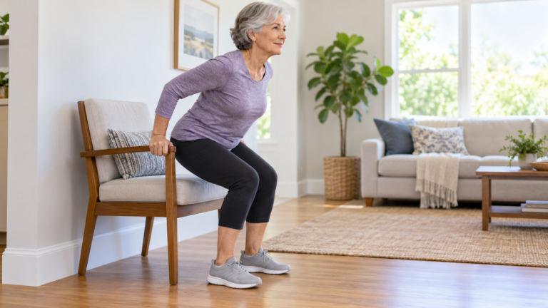 Older adult rising from a sturdy chair using armrests, with feet flat and a gentle forward lean.