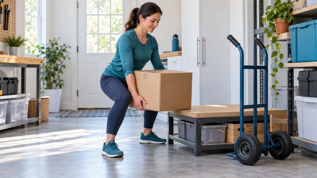 Adult lifting a box close to the body with hips and knees bent beside a low bench and hand trolley.