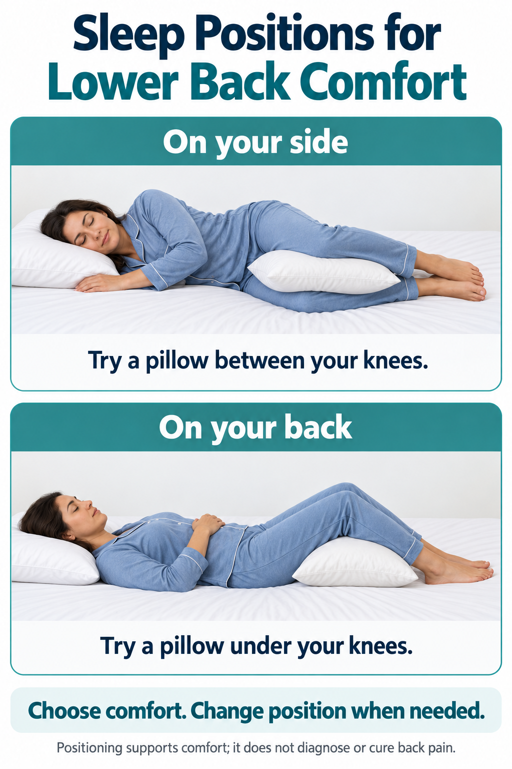 sleeping positions for chronic lower back pain Two supported sleep positions: side lying with a pillow between the knees, and back lying with a pillow under both knees.
