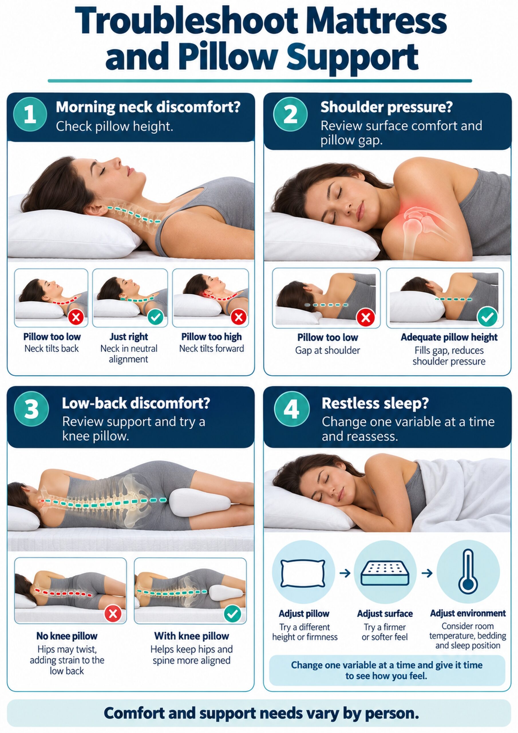 best mattress and pillow combinations A4 infographic showing practical adjustments for neck, shoulder, and lower-back discomfort during sleep