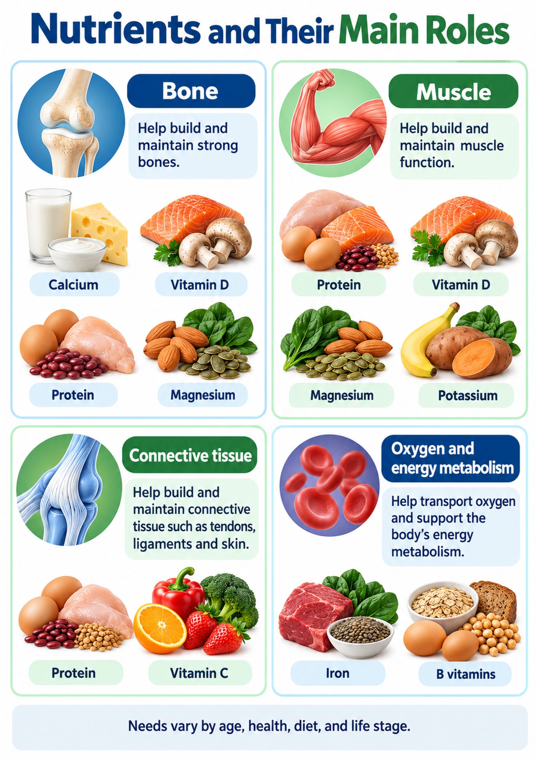 A4 infographic showing how protein, calcium, vitamin D, magnesium, vitamin C, iron, and B vitamins support musculoskeletal health