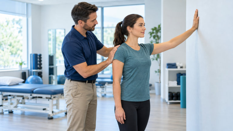 Physical therapist guiding supported shoulder movement after a medically reduced shoulder dislocation