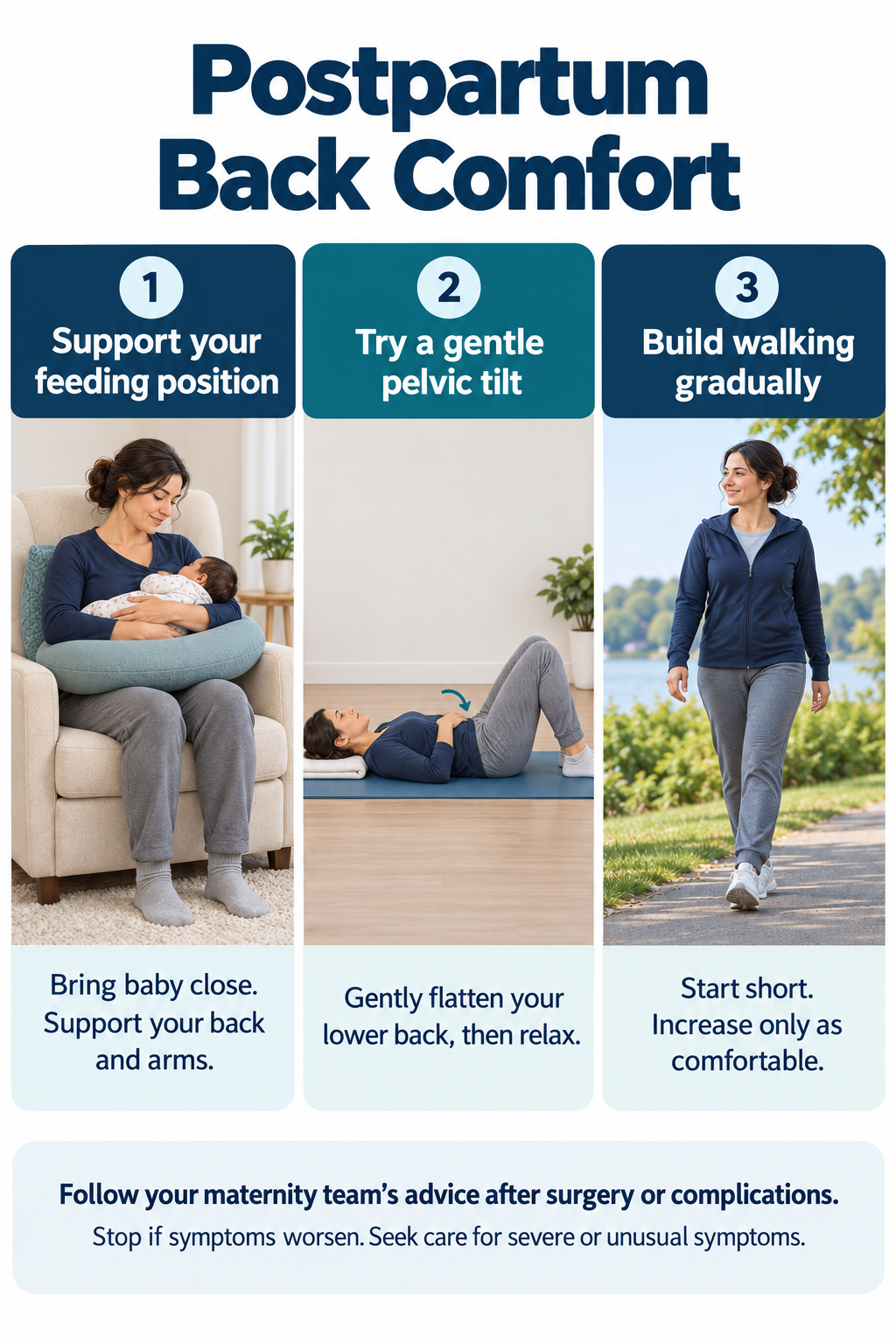 Postpartum back comfort options showing supported feeding, a gentle pelvic tilt, and short comfortable walks.