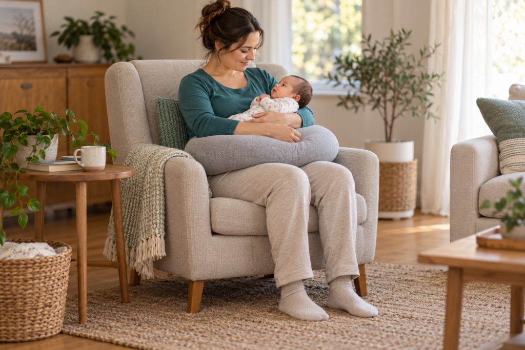 Mother seated with feet supported and a lower-back cushion, holding her baby with a pillow beneath her forearms.