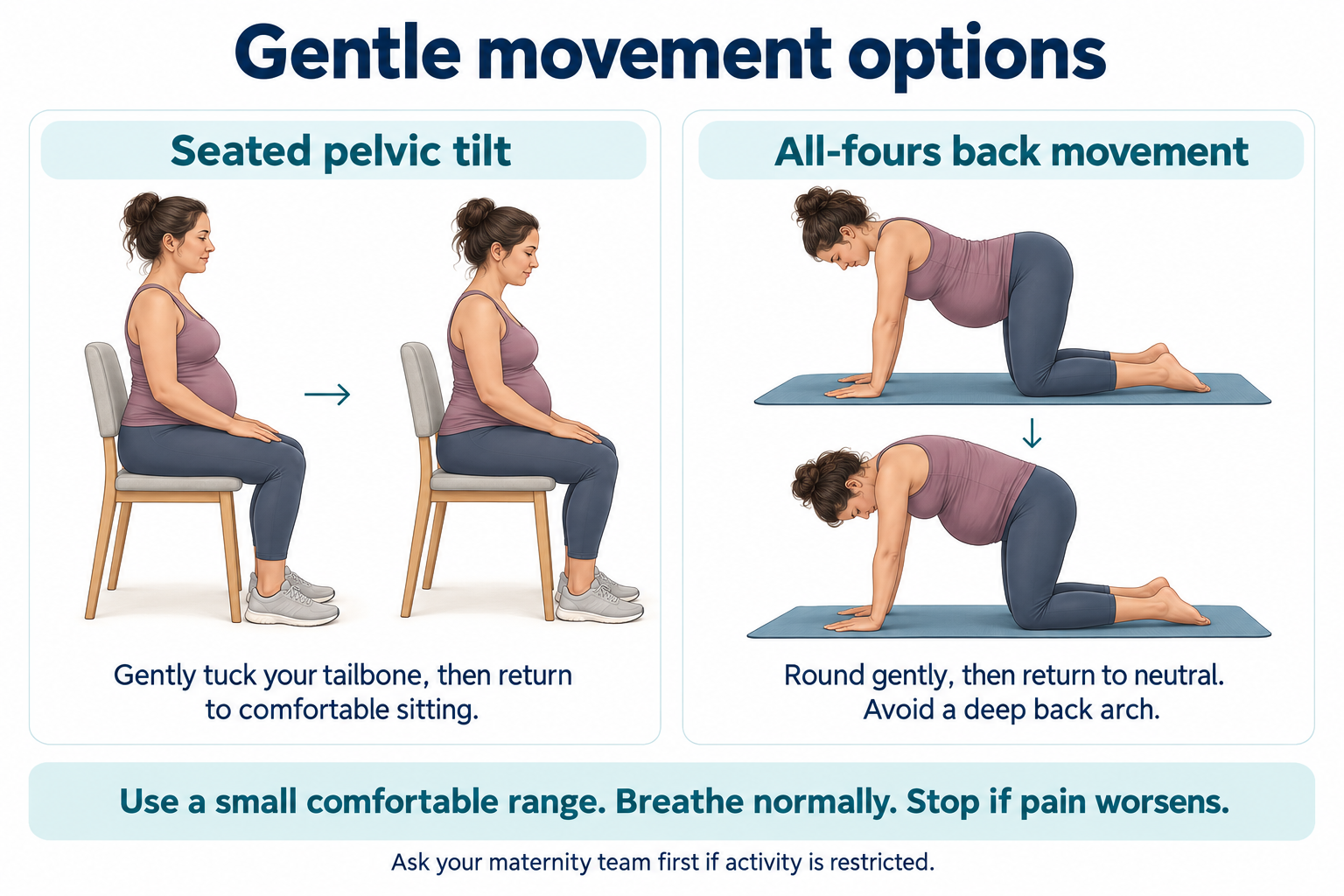 pregnancy pelvic girdle pain Seated pelvic tilt and gentle all-fours back rounding, using a comfortable range and stopping if pain worsens.