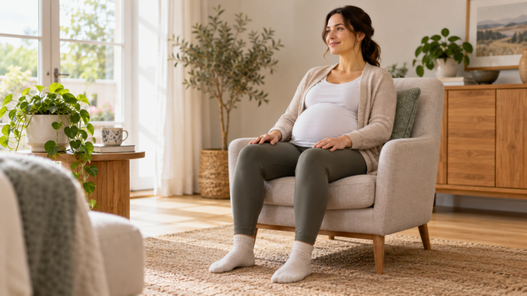 Pregnant woman sitting comfortably with her back supported by a cushion and both feet on the floor.