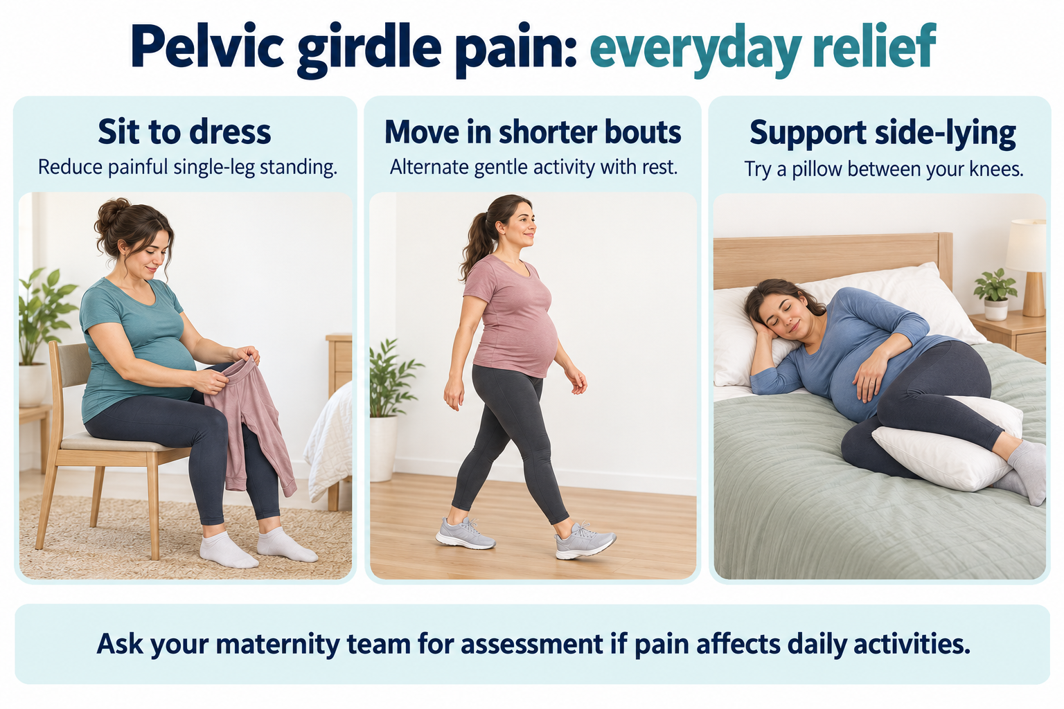 pregnancy pelvic girdle pain Everyday pelvic pain adaptations: sit to dress, move in shorter bouts and support side-lying with a pillow between the knees.
