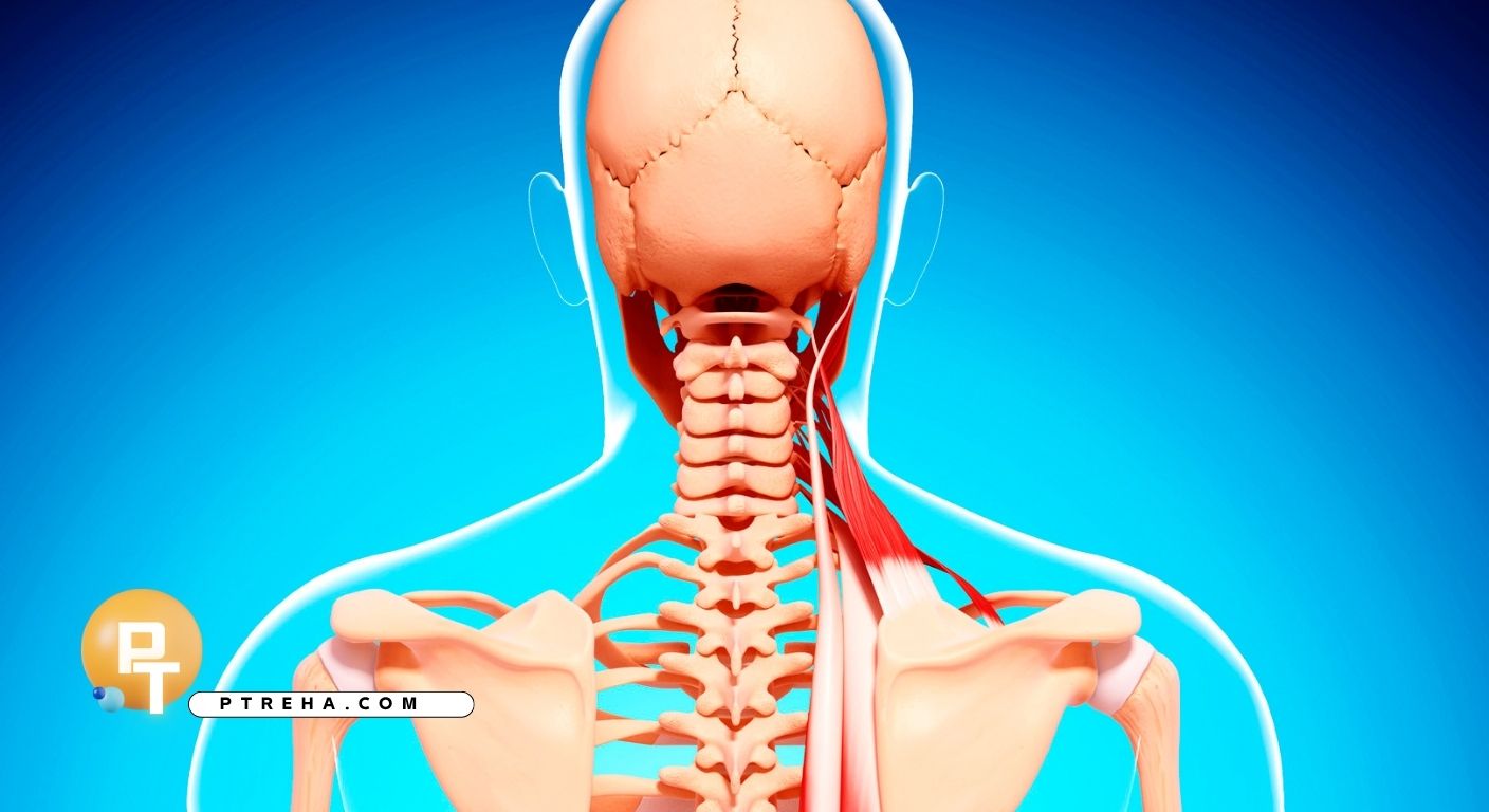anatomical illustration showing the general location of the levator scapulae and a seated gentle stretch.