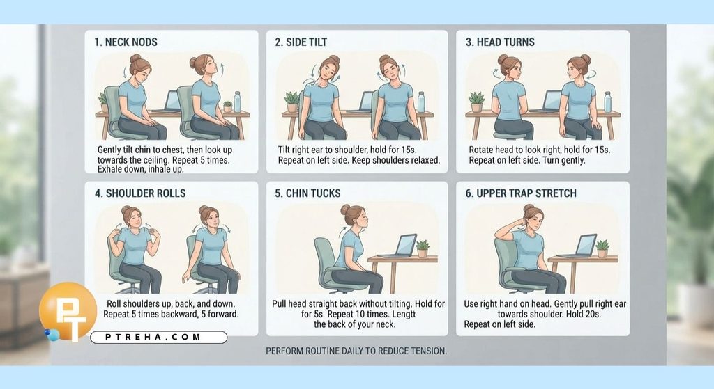 Short, gentle movement breaks can be incorporated throughout a computer-based workday instead of waiting until neck stiffness becomes pronounced.