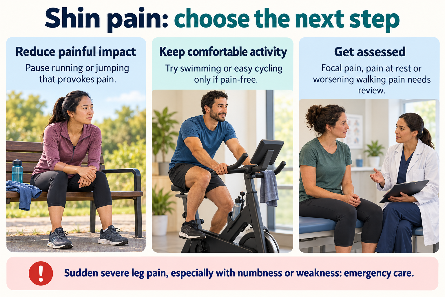 shin splints prevention and care Shin pain care: reduce painful impact, keep pain-free alternative activity, and seek assessment for focal, resting or worsening walking pain.