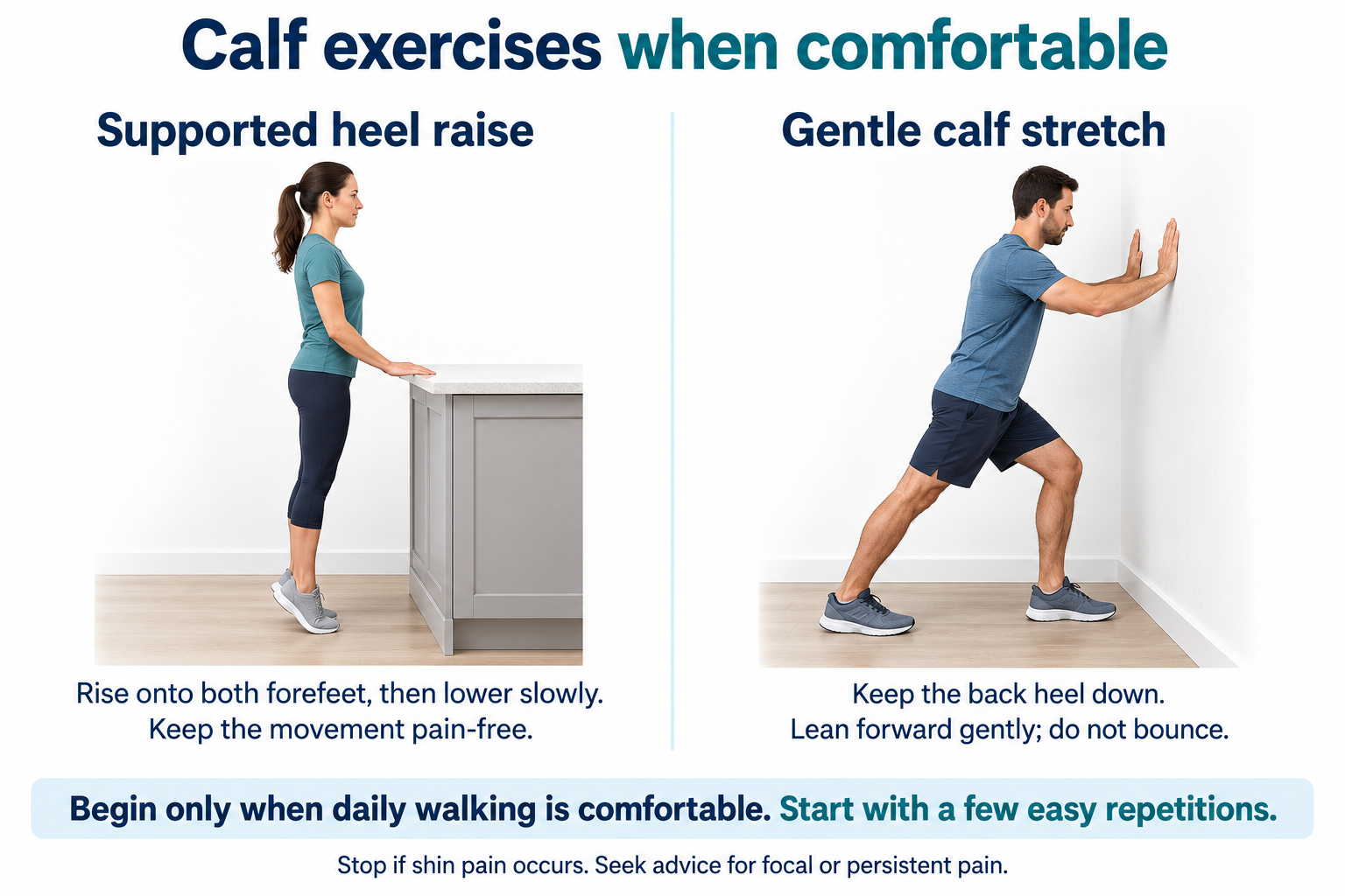shin splints prevention and care Supported double-leg heel raise and gentle wall calf stretch, with instructions to keep them pain-free and stop if shin pain occurs.