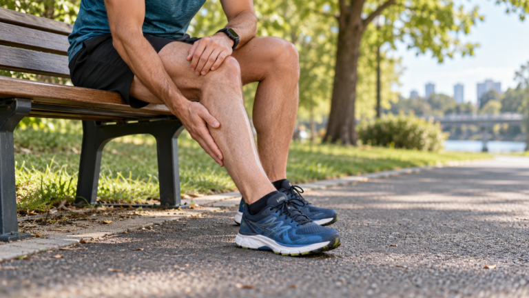 Runner seated on a park bench resting and gently indicating the inner lower shin.