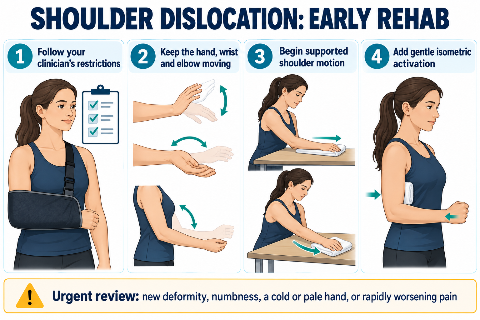 Early shoulder dislocation rehabilitation steps from protection through supported motion and gentle isometrics