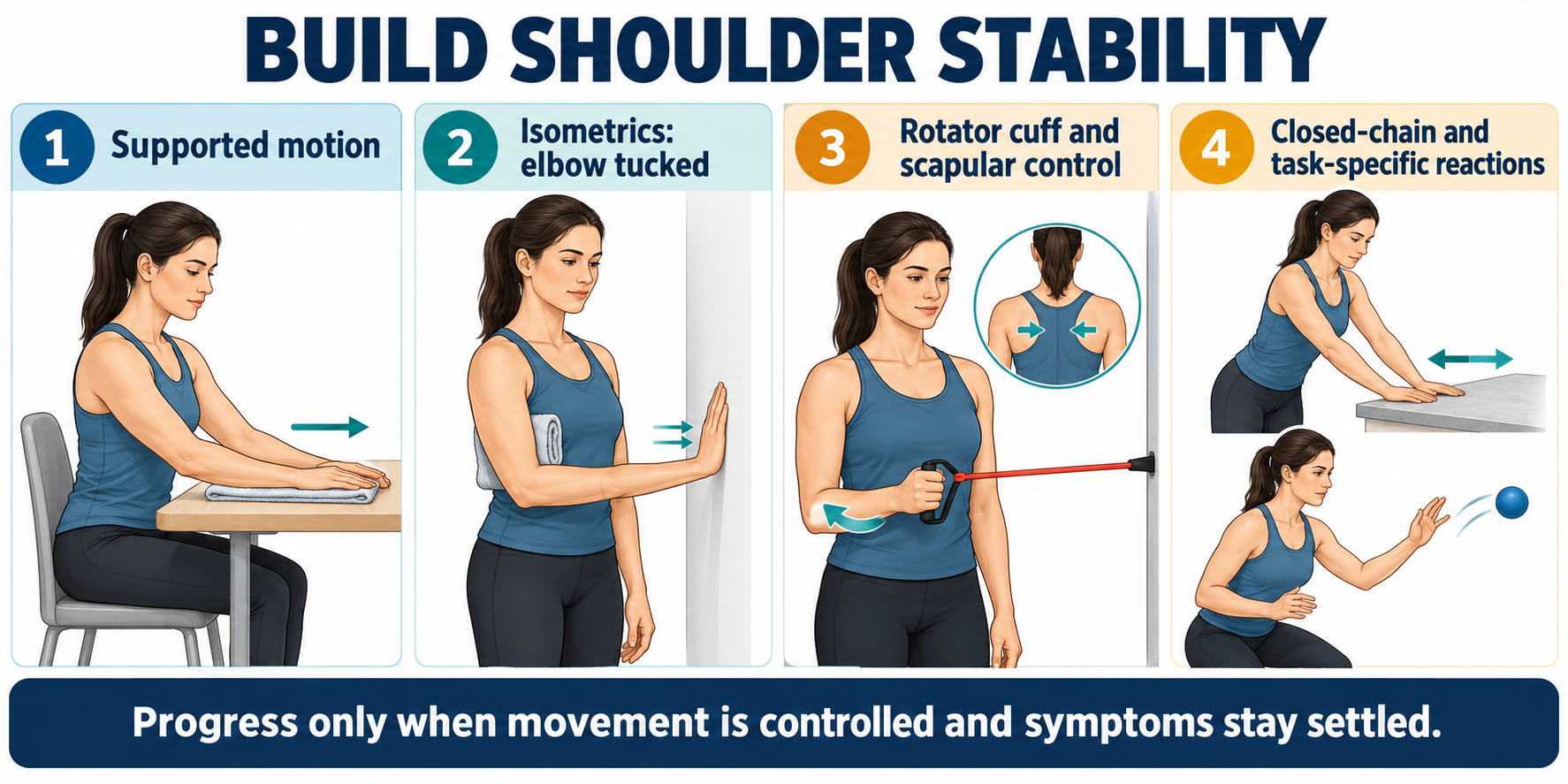 Shoulder stability progression from supported motion to rotator cuff and task-specific exercises