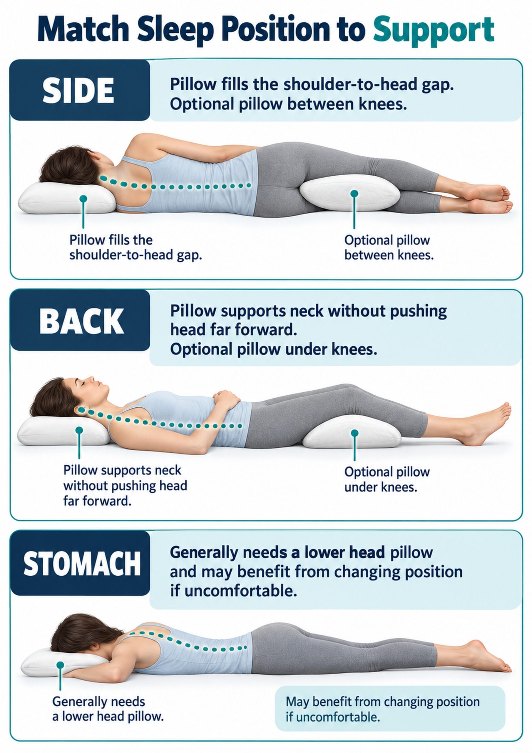 best mattress and pillow combinations A4 infographic comparing pillow and body support for side, back, and stomach sleeping