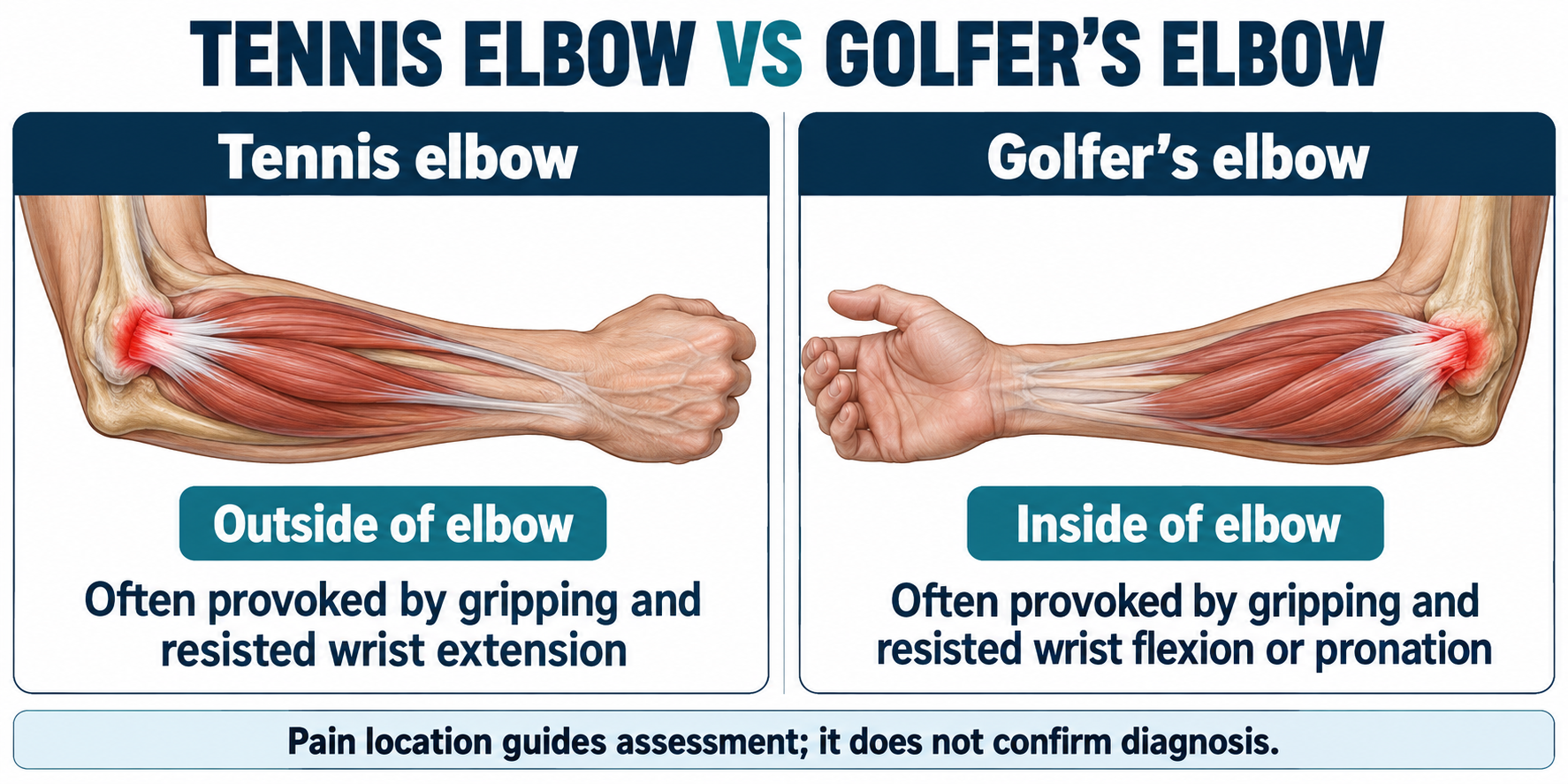 Comparison of tennis elbow pain on the outside and golfer's elbow pain on the inside of the elbow